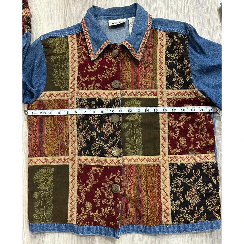 Units Womens Patchwork Tapestry Denim Jacket Cotton Blend Medium Blue Multicolor
